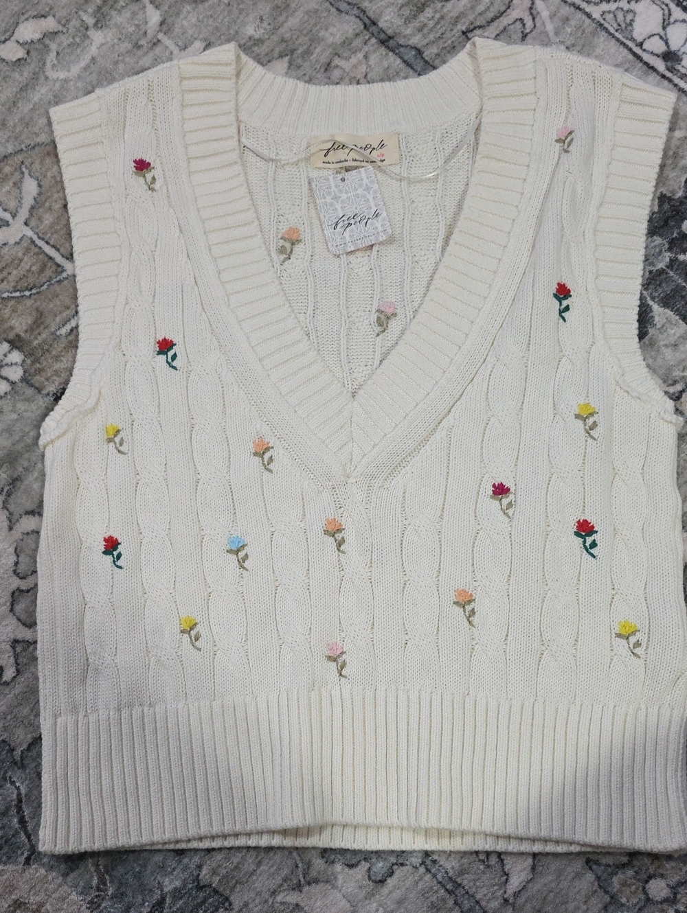 Free People Ivory Cable Knit V-Neck Floral Embroidered Sweater Vest